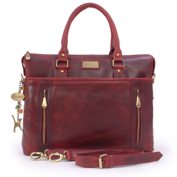 CATWALK COLLECTION HANDBAGS - Ladies Leather Briefcase Cross Body Bag - Women's Organiser Work Bag - Tablet / Laptop Bag - ADELE - Red
