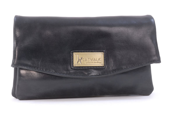 CATWALK COLLECTION HANDBAGS - Women's Leather Clutch Bag - Flapover Crossbody Bag - Adjustable, Detachable Strap - HANNAH - Black