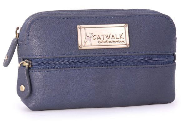 CATWALK COLLECTION HANDBAGS - Compact Camera Case - Genuine Leather - Accessories Pouch For Handbag - Small Travel Bag - Multi Use - SAVANNAH - Blue