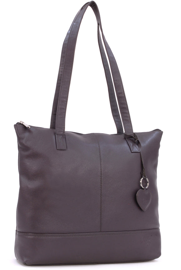 GIGI -- Women's Large Leather Tote - Shopper / Shoulder Bag - OTHELLO 9101 - with heart keyring charm - Dark Brown
