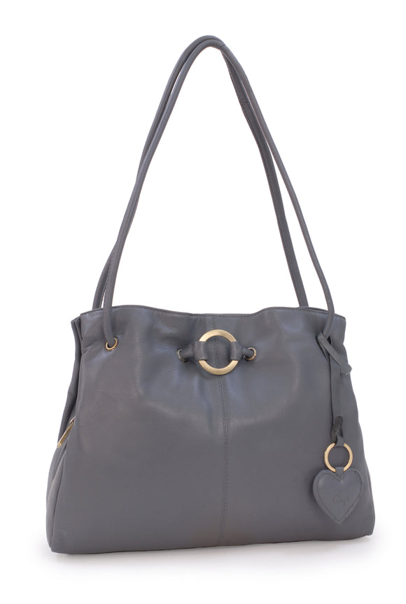 GIGI - Women's Leather Shoulder Bag - OTHELLO 4323 - with heart keyring charm - Platinum (Dark Grey)