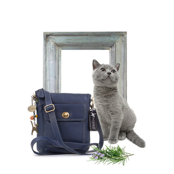 Leather crossbody bag with cat