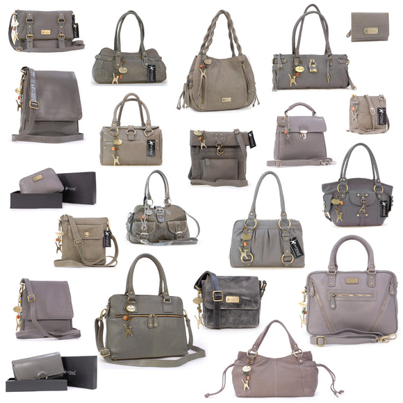 A collection of grey leather handbags and purses.