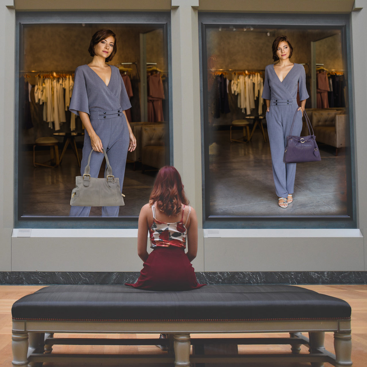 Woman looking at two Gigi billboards with females modelling leather shoulder bags.