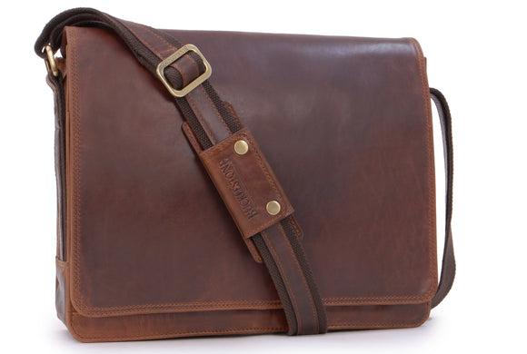 BUCKLESTONE - Leather Messenger / Shoulder Bag - Laptop / iPad - Leather - LANCASTER (M) - Hunter Brown