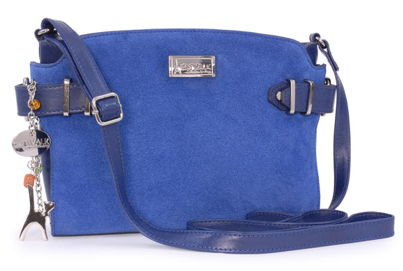 CATWALK COLLECTION HANDBAGS - Genuine Leather - Cross body Bag For Women - Shoulder Bag - Fits Kindle or Tablet - Smooth Leather and Suede - AMANDA - BLUE