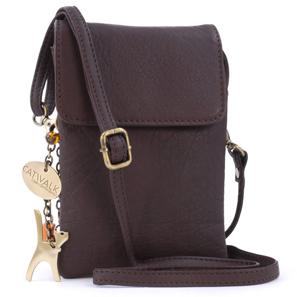 CATWALK COLLECTION HANDBAGS - Women's Leather Phone Bag - Flapover Crossbody Bag - Adjustable Strap - BILLIE - Brown