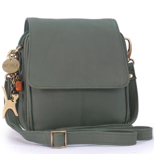 CATWALK COLLECTION HANDBAGS - Women's Leather Cross Body Shoulder Bag - Organiser Messenger with Long Adjustable Strap - TEAGAN - Dark Green