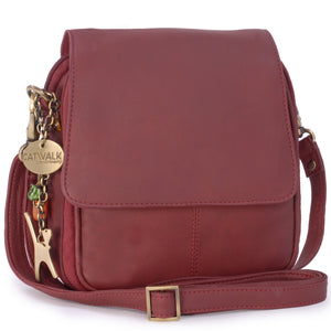 CATWALK COLLECTION HANDBAGS - Women's Leather Cross Body Shoulder Bag - Organiser Messenger with Long Adjustable Strap - TEAGAN - Red