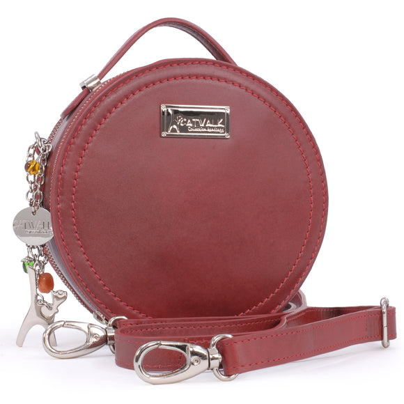 CATWALK COLLECTION HANDBAGS - Small Round Shaped Shoulder Bag - Circular Crossbody Bag - Genuine Leather - TIFFANY - Red CS