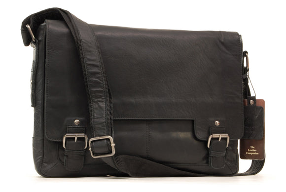 ASHWOOD - Messenger Shoulder Bag - Laptop Bag with Padded Compartment - Business Office Work Bag - Genuine Leather - 8343 - Black