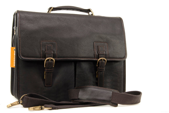 ASHWOOD - Heavy Duty Briefcase Cross Body Bag - Laptop Bag with Padded Compartment - Business Office Work Bag - Genuine Leather - GARETH - Dark Brown