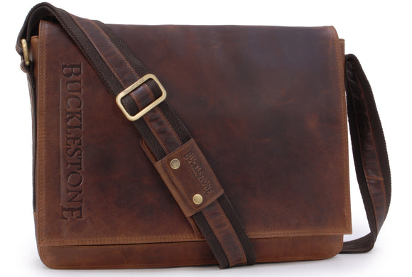 BUCKLESTONE - Large Leather Messenger / Shoulder Bag - Laptop Compartment - Leather - CHESTER (L) - Hunter Brown