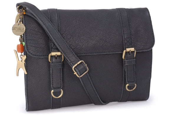 CATWALK COLLECTION HANDBAGS - Women's Medium Leather Cross Body Bag / Shoulder Bag with Long Adjustable Strap - AMY - Black