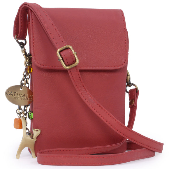 CATWALK COLLECTION HANDBAGS - Women's Leather Phone Bag - Flapover Crossbody Bag - Adjustable Strap - BILLIE - Red