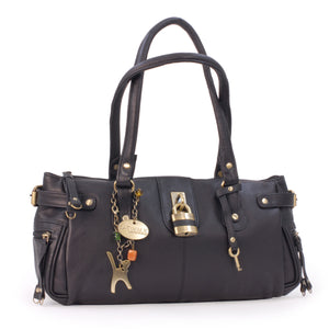 CATWALK COLLECTION HANDBAGS - Ladies Leather Padlock Top Handle / Shoulder Bag - CHANCERY - Black