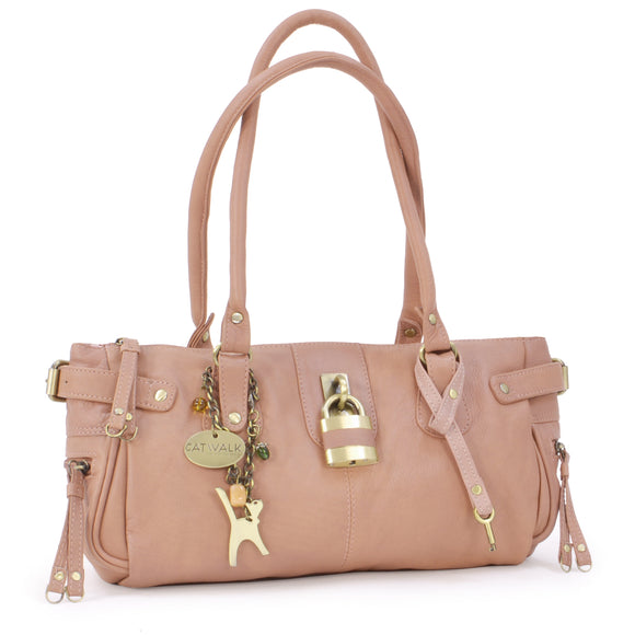 CATWALK COLLECTION HANDBAGS - Ladies Leather Padlock Top Handle / Shoulder Bag - CHANCERY - Pink