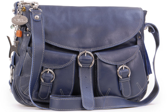 CATWALK COLLECTION HANDBAGS - Women's Large Leather Cross Body Shoulder Bag - Adjustable Shoulder Strap - COURIER - Blue