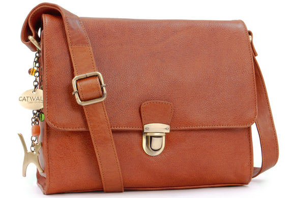 CATWALK COLLECTION HANDBAGS - Women's Shoulder Bag / Flapover Bag / Crossbody Bag - fits iPad or Tablet - Vintage Leather - DIANA - Tan