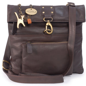 CATWALK COLLECTION HANDBAGS - Ladies Leather Cross Body Bag - Adjustable Shoulder Strap - DISPATCH - Dark Brown