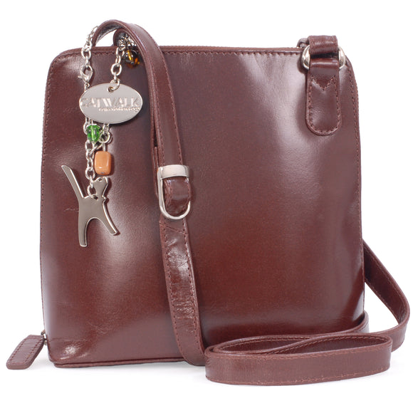 CATWALK COLLECTION HANDBAGS - Women's Medium Leather Cross Body Bag /Shoulder Bag with Long Adjustable Strap - ELEANOR - Brown