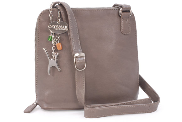 CATWALK COLLECTION HANDBAGS - Women's Medium Leather Cross Body Bag /Shoulder Bag with Long Adjustable Strap - ELEANOR - Grey