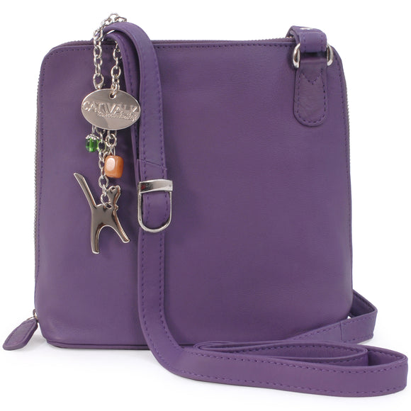 CATWALK COLLECTION HANDBAGS - Women's Medium Leather Cross Body Bag /Shoulder Bag with Long Adjustable Strap - ELEANOR - Purple