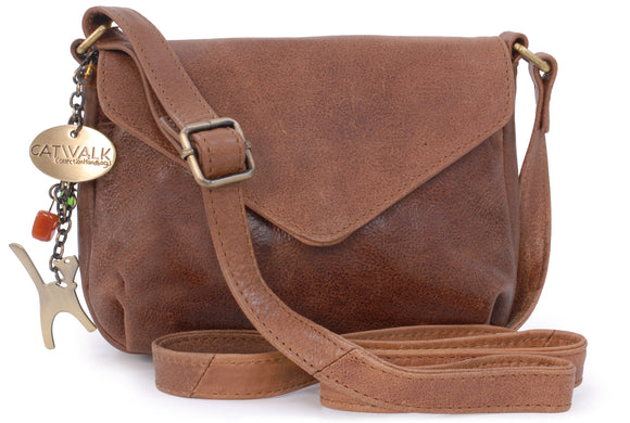 CATWALK COLLECTION HANDBAGS - Women's Leather Crossbody Bag - Flapover Shoulder Bag - Adjustable Strap - ERIN - Brown