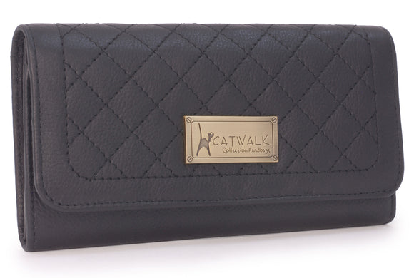 CATWALK COLLECTION HANDBAGS - Ladies Matinee Zip Purse with Gift Box - Real Quilted Leather with RFID Protection Available - Credit Card Wallet with Zip Coin Compartment - GEMMA - Black X - RFID