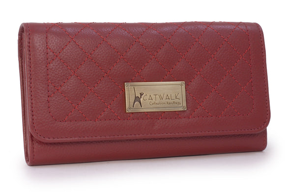 CATWALK COLLECTION HANDBAGS - Ladies Matinee Zip Purse with Gift Box - Real Quilted Leather with RFID Protection Available - Credit Card Wallet with Zip Coin Compartment - GEMMA - Red X - RFID