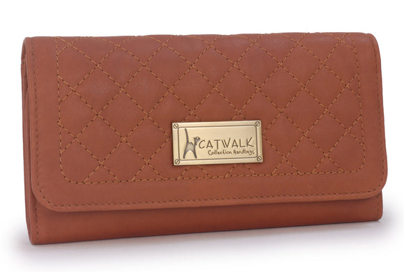 CATWALK COLLECTION HANDBAGS - Ladies Matinee Zip Purse with Gift Box - Real Quilted Leather with RFID Protection Available - Credit Card Wallet with Zip Coin Compartment - GEMMA - Tan X - RFID