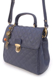 CATWALK COLLECTION HANDBAGS - Women's Quilted Leather Top Handle Bag with Detachable Shoulder Strap - HAYLEY - Navy Blue