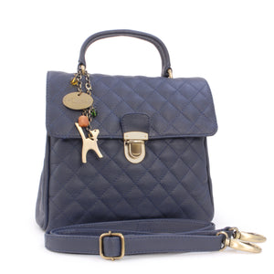 CATWALK COLLECTION HANDBAGS - Women's Quilted Leather Top Handle Bag with Detachable Shoulder Strap - HAYLEY - Navy Blue