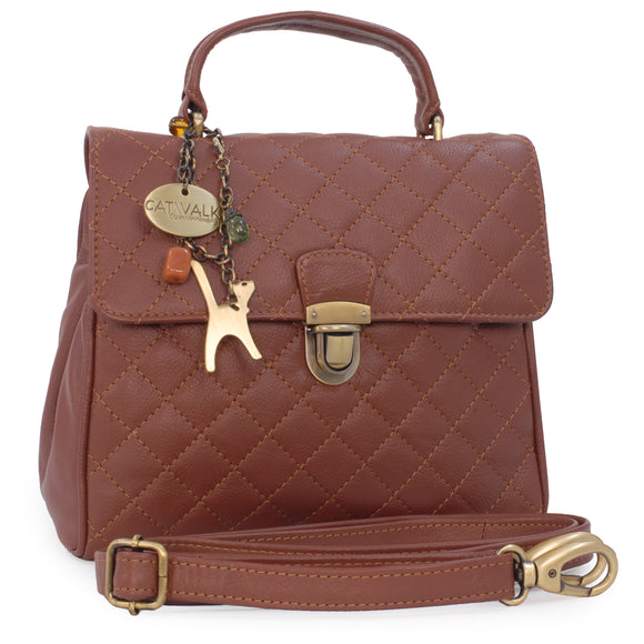 CATWALK COLLECTION HANDBAGS - Women's Quilted Leather Top Handle Bag with Detachable Shoulder Strap - HAYLEY - Tan
