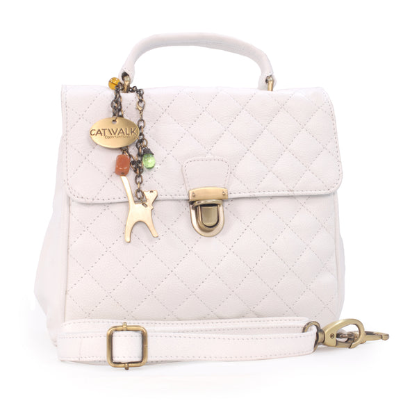 CATWALK COLLECTION HANDBAGS - Women's Quilted Leather Top Handle Bag with Detachable Shoulder Strap - HAYLEY - White