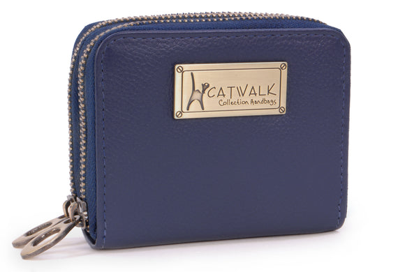 CATWALK COLLECTION HANDBAGS - ISLA - Ladies Small Organiser Zip Purse with Gift Box - Leather RFID Protection - Credit Card Wallet with Coin Compartment - Blue