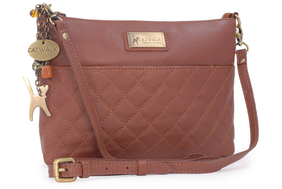 CATWALK COLLECTION HANDBAGS - Small - Women's Quilted Leather Cross Body Shoulder Bag - JOSIE - Tan