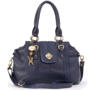 CATWALK COLLECTION HANDBAGS - Women's Leather Twist Lock Top Handle / Shoulder Bag / Cross Body With Extra Detachable Adjustable Strap - KATE - Navy