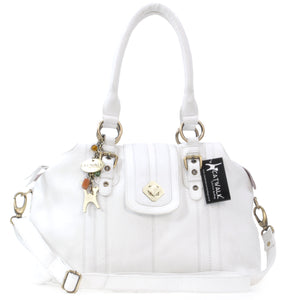 CATWALK COLLECTION HANDBAGS - Women's Leather Twist Lock Top Handle / Shoulder Bag / Cross Body With Extra Detachable Adjustable Strap - KATE - White