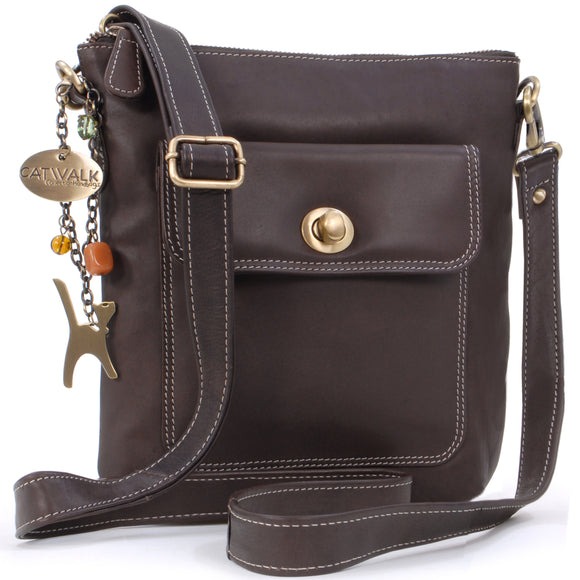 CATWALK COLLECTION HANDBAGS - Women's Leather Cross Body Bag with Detachable Adjustable Strap - LAURA - Brown