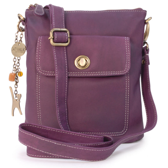 CATWALK COLLECTION HANDBAGS - Women's Leather Cross Body Bag with Detachable Adjustable Strap - LAURA - Plum