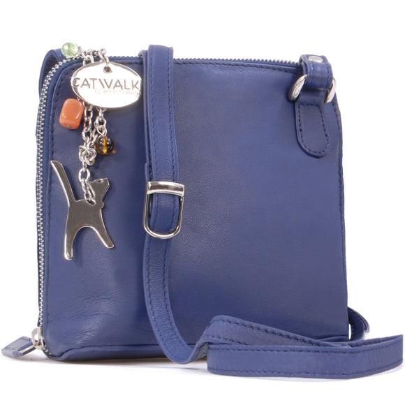 CATWALK COLLECTION HANDBAGS - Women's Small Leather Cross Body Bag / Mini Shoulder Bag with Long Adjustable Strap - LENA - Navy