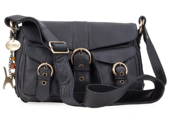 CATWALK COLLECTION HANDBAGS - Ladies Leather Cross Body Bag - Adjustable Shoulder Strap - LOUISA - Black