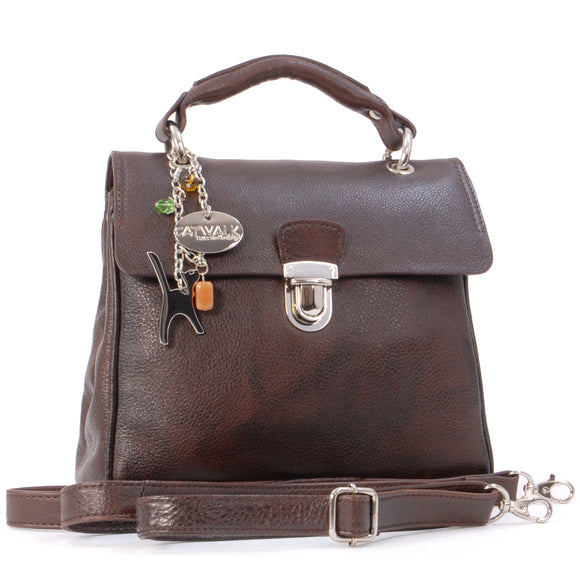 CATWALK COLLECTION HANDBAGS - Women's Vintage Leather Cross Body / Top Handle Bag with Detachable Shoulder Strap - PANDORA - Brown