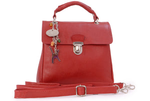 CATWALK COLLECTION HANDBAGS - Women's Vintage Leather Cross Body / Top Handle Bag with Detachable Shoulder Strap - PANDORA - Red