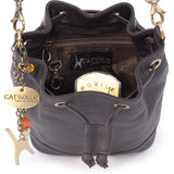 CATWALK COLLECTION HANDBAGS - Women's Leather Drawstring Crossbody Bag - Adjustable Shoulder Strap - ROCHELLE - Brown