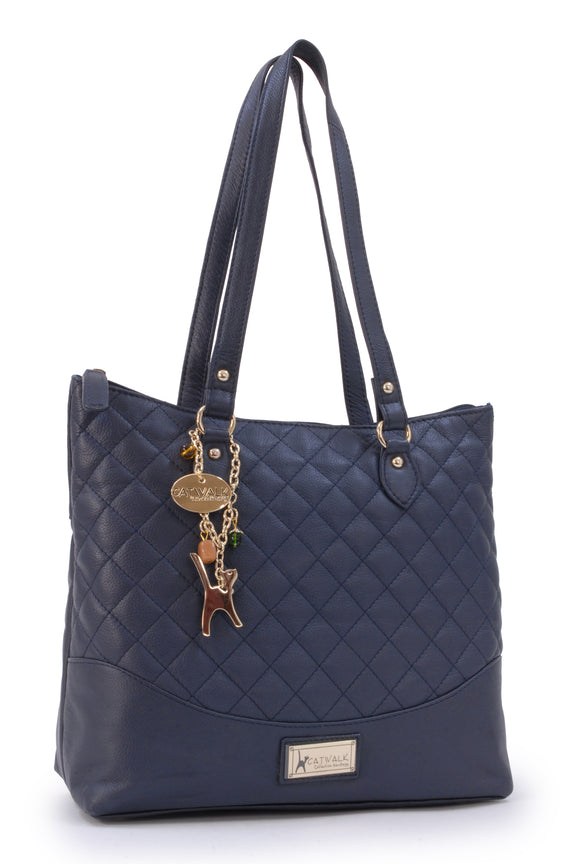 CATWALK COLLECTION HANDBAGS - Women's Quilted Leather Tote / Shoulder Bag - SOFIA - Navy Gold