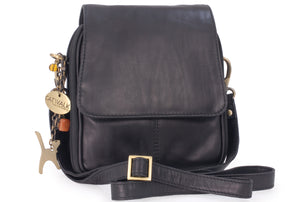 CATWALK COLLECTION HANDBAGS - Women's Leather Cross Body Shoulder Bag - Organiser Messenger with Long Adjustable Strap - TEAGAN - Black