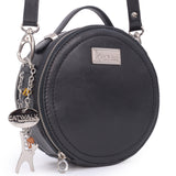 CATWALK COLLECTION HANDBAGS - Small Round Shaped Shoulder Bag - Circular Crossbody Bag - Genuine Leather - TIFFANY - Black CS