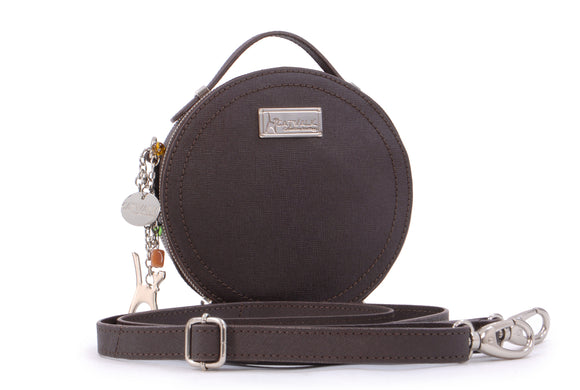 CATWALK COLLECTION HANDBAGS - Small Round Shaped Shoulder Bag - Circular Crossbody Bag - Genuine Leather - TIFFANY - Brown